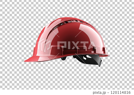 shiny red hard hat designed for safety in construction environments, featuring ventilation and secure fit for optimal protection 120114816