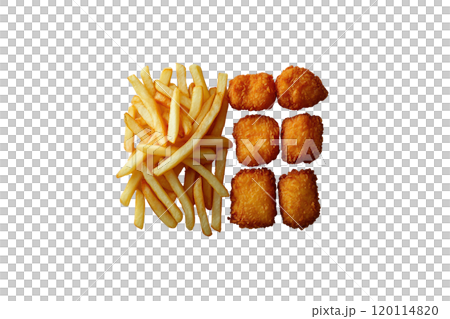 Crispy golden fries and chicken nuggets arranged neatly on black background, creating tempting and appetizing visual. Perfect for food lovers! Crispy golden fries and chicken nuggets arranged neatly on black background, creating tempting and appetizing visual. Perfect for food lovers! 120114820