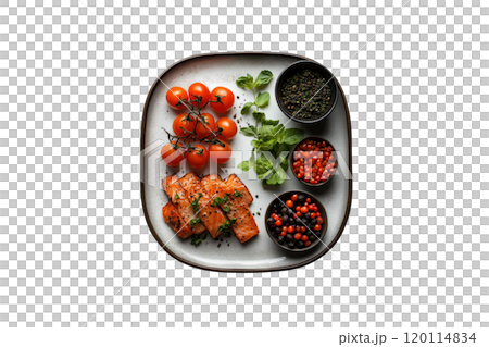 beautifully arranged plate featuring grilled salmon, cherry tomatoes, and various herbs and berries, creating vibrant and appetizing meal 120114834