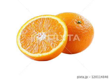 Fresh orange fruit, whole and sliced, showcasing vibrant color and texture. Perfect for healthy eating, juices, or garnishes Fresh orange fruit, whole and sliced, showcasing vibrant color and texture. Perfect for healthy eating, juices, or garnishes 120114846