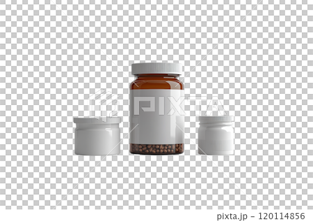 Empty medicine bottles in various sizes, showcasing clean and modern design. Ideal for pharmaceutical or health related projects 120114856