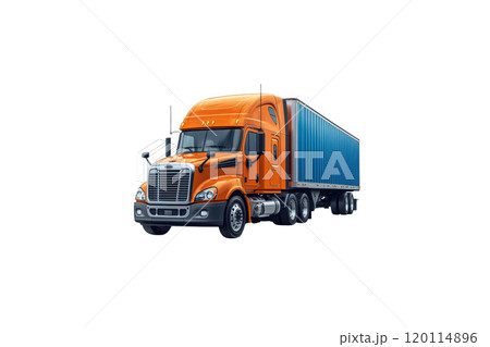 vibrant orange semi truck with blue cargo container, showcasing its robust design and powerful presence on road. Perfect for transportation themes 120114896