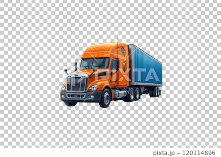 vibrant orange semi truck with blue cargo container, showcasing its robust design and powerful presence on road. Perfect for transportation themes 120114896