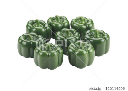 Fresh green bell peppers arranged in circular pattern, showcasing their vibrant color and glossy texture. Perfect for healthy meals and recipes Fresh green bell peppers arranged in circular pattern, showcasing their vibrant color and glossy texture. Perfect for healthy meals and recipes 120114906