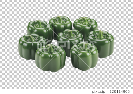 Fresh green bell peppers arranged in circular pattern, showcasing their vibrant color and glossy texture. Perfect for healthy meals and recipes Fresh green bell peppers arranged in circular pattern, showcasing their vibrant color and glossy texture. Perfect for healthy meals and recipes 120114906