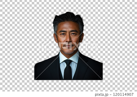 confident man in formal suit with gray hair and serious expression. His well groomed appearance conveys professionalism and sophistication confident man in formal suit with gray hair and serious expression. His well groomed appearance conveys professionalism and sophistication 120114907