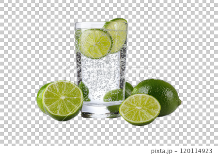 Refreshing lime slices in sparkling water, perfect for summer drink. Enjoy vibrant green color and fizzy bubbles that enhance flavor 120114923