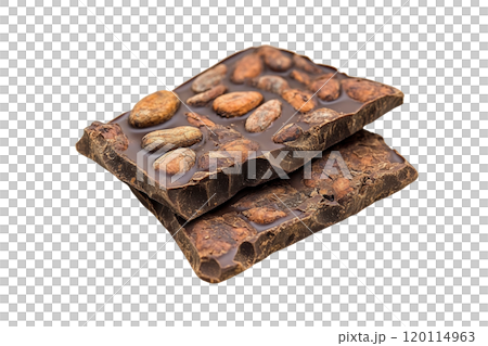 Rich chocolate bar with cocoa nibs, showcasing delicious texture and flavor. Perfect for dessert lovers and chocolate enthusiasts 120114963
