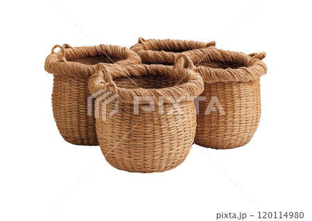 Woven baskets made of natural fibers, perfect for storage and organization. These rustic baskets add touch of charm to any space, ideal for home decor or practical use 120114980