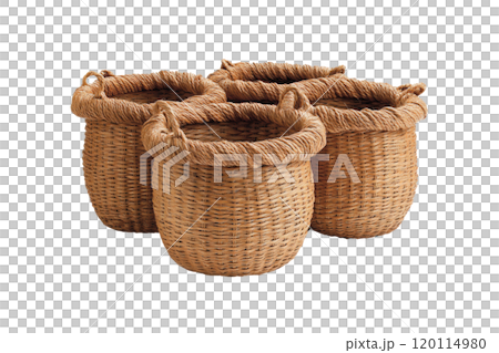 Woven baskets made of natural fibers, perfect for storage and organization. These rustic baskets add touch of charm to any space, ideal for home decor or practical use 120114980