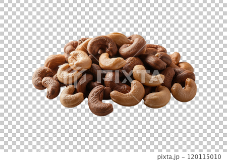 Cashew nuts in various shades piled together, showcasing their unique shapes and textures. Perfect for healthy snacking or culinary uses 120115010