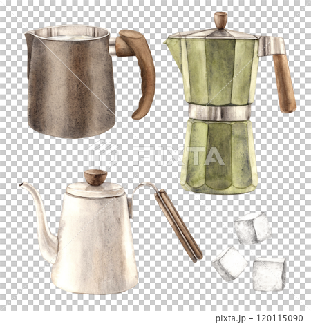 Geyser coffee maker, milk jug, teapot and sugar cubes. A set of watercolor hand-drawn illustrations on a coffee theme. For branding of shops, cafes and menus, coffee packaging, postcards and banners Geyser coffee maker, milk jug, teapot and sugar cubes. A set of watercolor hand-drawn illustrations on a coffee theme. For branding of shops, cafes and menus, coffee packaging, postcards and banners 120115090