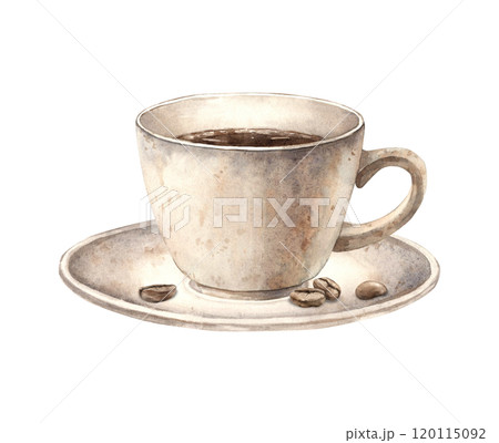 A mug of aromatic coffee with a plate and roasted coffee beans. Watercolor isolated hand-drawn illustration. The drawing is suitable for decorating coffee shops, restaurants, menus, postcards. A mug of aromatic coffee with a plate and roasted coffee beans. Watercolor isolated hand-drawn illustration. The drawing is suitable for decorating coffee shops, restaurants, menus, postcards. 120115092