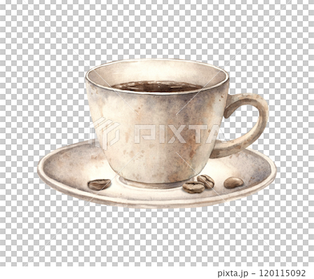 A mug of aromatic coffee with a plate and roasted coffee beans. Watercolor isolated hand-drawn illustration. The drawing is suitable for decorating coffee shops, restaurants, menus, postcards. 120115092