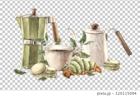 Cup of hot coffee with pistachio macaroon and fresh croissant, branches with berries and flowers. Geyser coffee maker, teapot, watercolor composition template for shops and cafes, packaging and menu Cup of hot coffee with pistachio macaroon and fresh croissant, branches with berries and flowers. Geyser coffee maker, teapot, watercolor composition template for shops and cafes, packaging and menu 120115094