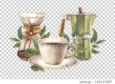 Cup of hot coffee with green leaves and flowers of coffee tree. Geyser coffee maker and glass filter, watercolor composition template on isolated background, for shops and cafes, packaging and menu Cup of hot coffee with green leaves and flowers of coffee tree. Geyser coffee maker and glass filter, watercolor composition template on isolated background, for shops and cafes, packaging and menu 120115097