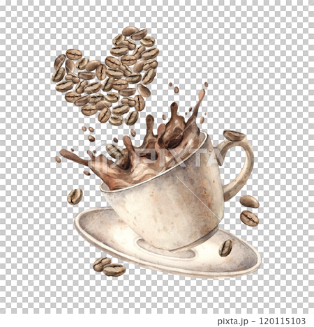 Ceramic mug in motion with splashes of coffee beans and a heart-shaped composition made of coffee. Watercolor illustration drawn by hand. Suitable for decorating shops, cafes, banners, postcards Ceramic mug in motion with splashes of coffee beans and a heart-shaped composition made of coffee. Watercolor illustration drawn by hand. Suitable for decorating shops, cafes, banners, postcards 120115103