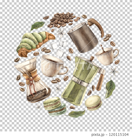 Mug, geyser coffee maker, coffee filter, sugar, macaroons, croissant, grains, milk jug, leaves. Watercolor hand-drawn round composition on isolated background, for branding shops, cafes, postcards Mug, geyser coffee maker, coffee filter, sugar, macaroons, croissant, grains, milk jug, leaves. Watercolor hand-drawn round composition on isolated background, for branding shops, cafes, postcards 120115104