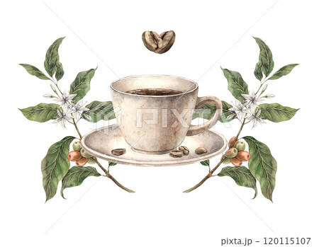 Ceramic mug with aromatic coffee with branches of coffee tree with flowers, coffee beans in the form of a heart. Watercolor illustration, suitable for decorating shops, cafes, packaging, postcards 120115107