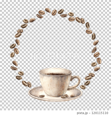 A mug of aromatic hot coffee in a ceramic white cup. Watercolor round wreath or frame of roasted beans on an isolated background. Suitable for decorating coffee shops, restaurants, menus, postcards 120115110