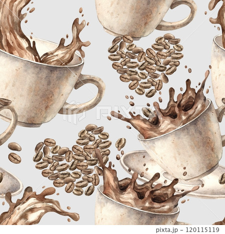 Ceramic mug in motion with splashes of coffee beans and heart-shaped composition made of coffee. Watercolor seamless pattern hand-drawn on gray background, for branding of shops, cafes, postcards 120115119
