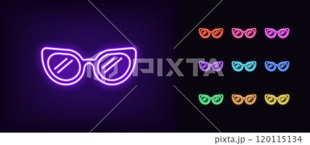 Outline neon glamour sunglasses icon set. Glowing neon summer sunglasses icon, retro style spectacles. Fashion sunglasses, party eyewear, disco style, modern eyeglass, cool glasses lens. Vector icons Outline neon glamour sunglasses icon set. Glowing neon summer sunglasses icon, retro style spectacles. Fashion sunglasses, party eyewear, disco style, modern eyeglass, cool glasses lens. Vector icons 120115134