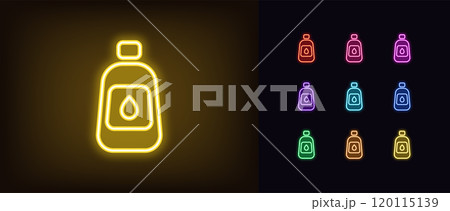 Outline neon oil bottle icon set. Glowing neon bottle with drop icon, natural vegetable oil. Organic plant seed oil, liquid vegetable fat, vial with natural seed milk, vegetarian food. Vector icons 120115139