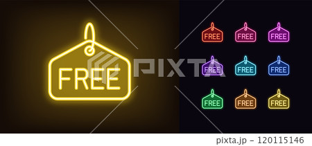 Outline neon free hangtag, icon set. Neon promo label with text Free, shopping advertisement. Free gift offer, bonus shopping, gratis prize, offer without payment, zero price cost. Vector icons Outline neon free hangtag, icon set. Neon promo label with text Free, shopping advertisement. Free gift offer, bonus shopping, gratis prize, offer without payment, zero price cost. Vector icons 120115146