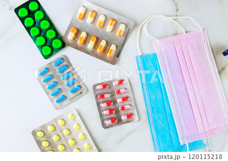 Medical supplies, including pills, syringes, face masks, are used in a fight against disease illness, as well as for prevention. Medical supplies, including pills, syringes, face masks, are used in a fight against disease illness, as well as for prevention. 120115218