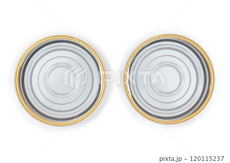 Two Opened Empty Tin Cans Isolated on White Background Two Opened Empty Tin Cans Isolated on White Background 120115237