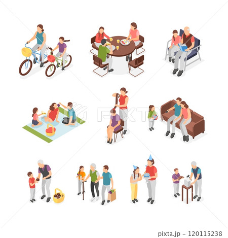 Isometric family with kids. Parents with children walking, eating at home and on nature. Parenting and motherhood, adults and teens flawless vector set Isometric family with kids. Parents with children walking, eating at home and on nature. Parenting and motherhood, adults and teens flawless vector set 120115238