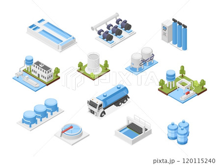 Water purification 3d isometric system. Industrial systems and equipment for clean aqua, separator, treatment, tanks. Isolated flawless vector set 120115240