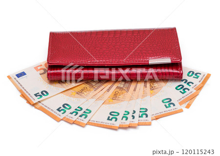 Red Leather Women Purse with Fifty Euro Banknotes - Isolated on White Red Leather Women Purse with Fifty Euro Banknotes - Isolated on White 120115243
