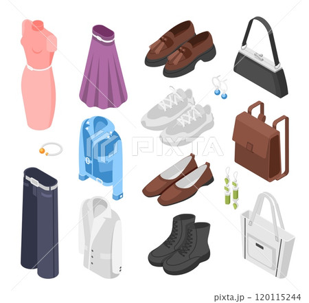 Isometric clothes and shoes. Dress jacket shoes boots bags. Female fashion apparel, male pants, sneakers and jewelry. Stylish store goods, flawless vector set 120115244