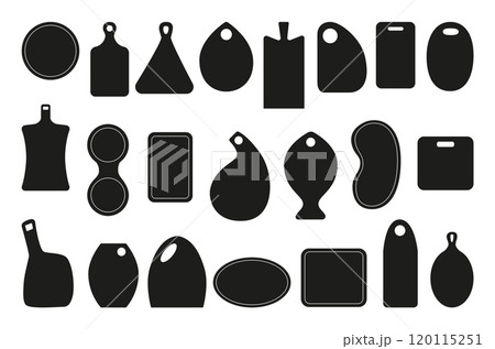 Cutting boards black silhouettes. Kitchen equipment for cut food products and serving. Different board shapes for logo, badges neoteric vector set Cutting boards black silhouettes. Kitchen equipment for cut food products and serving. Different board shapes for logo, badges neoteric vector set 120115251