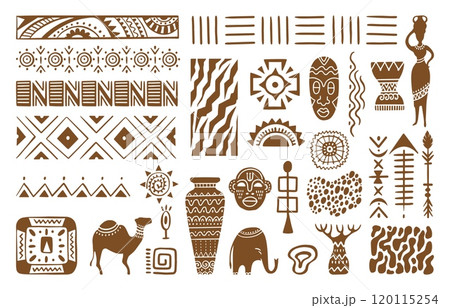 Doodle african ethnic elements. Animal silhouettes, dotted linear ornaments. Decorative tribal hand drawn borders dividers, neoteric vector collection 120115254