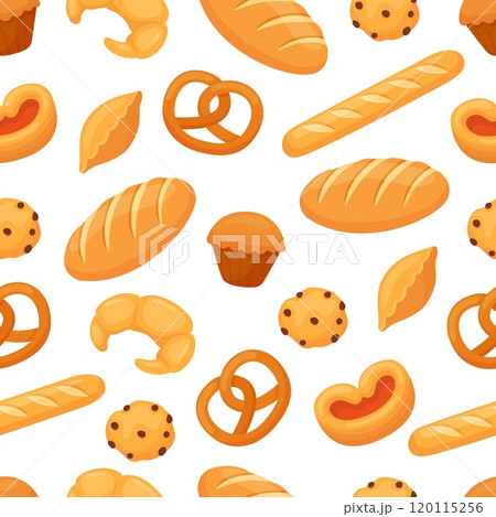 Bread seamless pattern. Bakery, cafe, store print with different pastry. French baguette, bun rolls, muffin bagel and croissant. Neoteric vector background 120115256