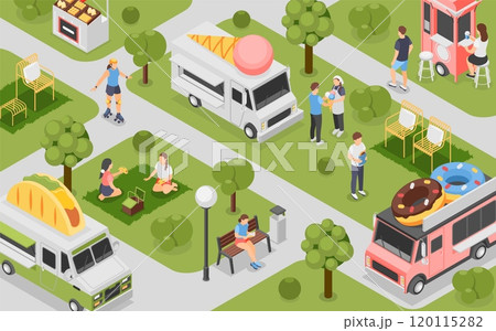 Isometric street food festival. City park location with people and different cuisine trucks and counters. Human walking eating reading flawless vector background 120115282