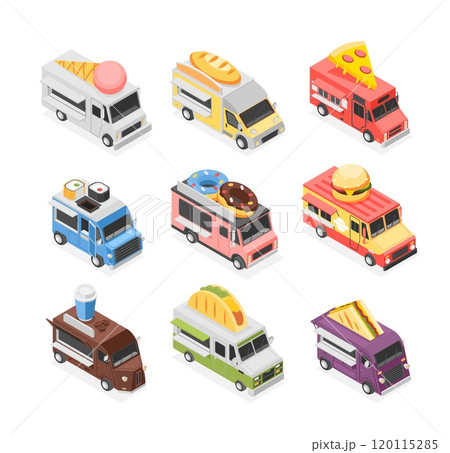 Isometric food trucks. Fast food and drinks truck for market or street fair. Ice cream burger pizza sushi taco and coffee sale, flawless vector elements Isometric food trucks. Fast food and drinks truck for market or street fair. Ice cream burger pizza sushi taco and coffee sale, flawless vector elements 120115285