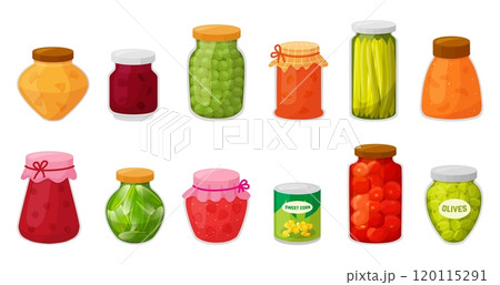 Cartoon canned food. Vegetables preserves, homemade marmalade compote glass jars. Tomatoes pickles olives corn fruits neoteric vector clipart 120115291