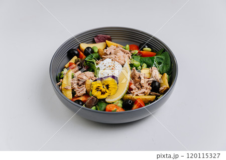 Vibrant salad bowl with tuna, poached egg, olives, and edible flower, fresh and healthy meal choice Vibrant salad bowl with tuna, poached egg, olives, and edible flower, fresh and healthy meal choice 120115327