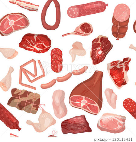 meat pattern. fresh sausages barbecue pork meat vector seamless background 120115411