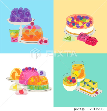 jelly candy. delicious dessert colorful transparent jelly products cakes. vector templates 120115412