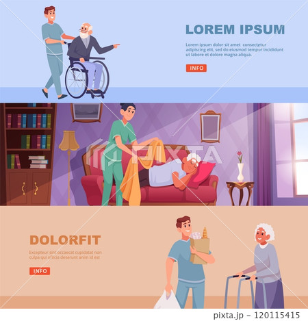 Elderly care. social medical service helping elderly people. vector horizontal banners Elderly care. social medical service helping elderly people. vector horizontal banners 120115415
