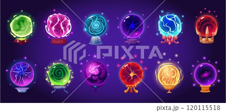 Cartoon magic balls. Fortune telling ball with magma plasma fire power. Witch magical accessories, energy fantasy spheres nowaday vector set 120115518