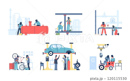 Welders at work. Welder working with metal pipes and pipelines, on building, car repair. Men in uniform with welding tools recent vector scenes 120115530
