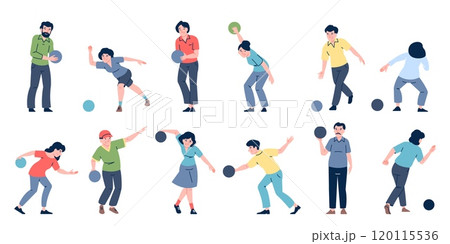 Bowling players. Active poses people with ball for break skittles. Free time activity in entertainment center with friends, rolling balls recent vector player 120115536
