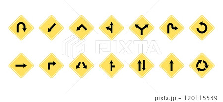 Yellow road arrow signs. Highway warning symbols, navigation and direction for street or trail. Straight right left turning pointers, recent vector set Yellow road arrow signs. Highway warning symbols, navigation and direction for street or trail. Straight right left turning pointers, recent vector set 120115539