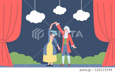 Theater entertainment. Couple in medieval costumes dancing on stage. Performance actors, actress in dress. Dancers characters, vector play scene 120115549