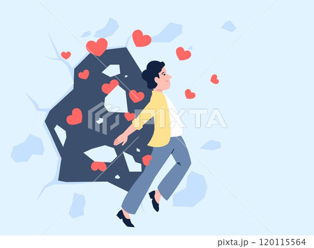 Guy in love. Man jumps out, breaking the wall, on romantic feelings with flow of many red hearts. New relationship, recovery after broken heart or divorce, vector scene 120115564